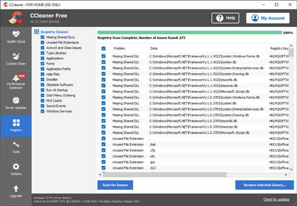 The Registry Cleaner tab inside of CCleaner