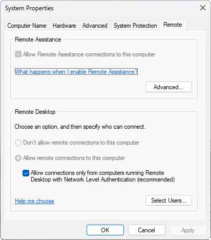 The Remote tab inside System Properties in Windows 11