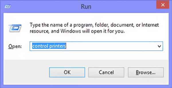 The Run dialog box with the control printers command highlighted