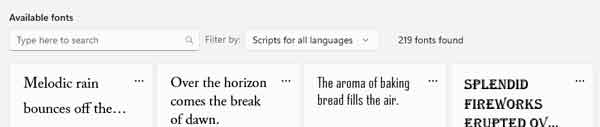 The Search fonts box in the Fonts section of the Windows 11 Settings app