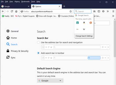 The Search options inside of Firefox