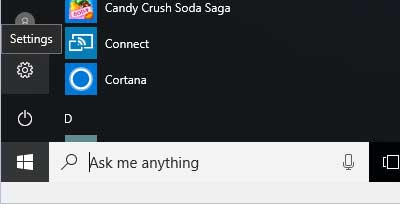 The Setting icon on the Start Menu inside of Windows 10