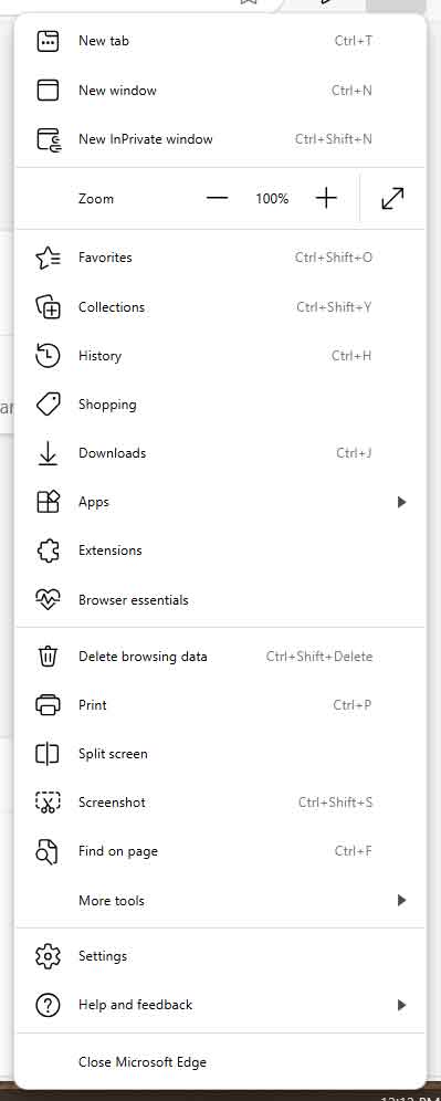 The Settings and more menu inside of Microsoft Edge