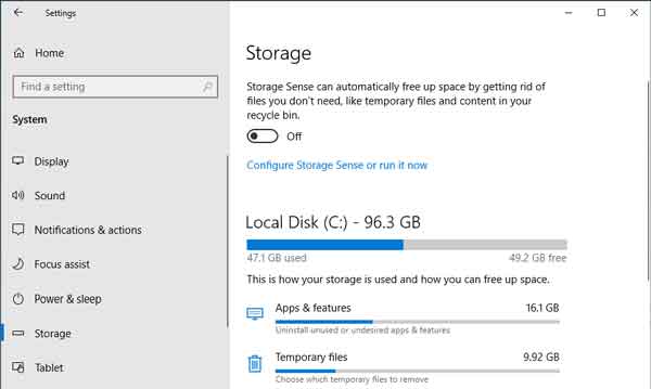 The Storage feature inside of Windows 10 Settings