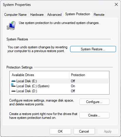 The System Protection tab inside System Properties in Windows 11