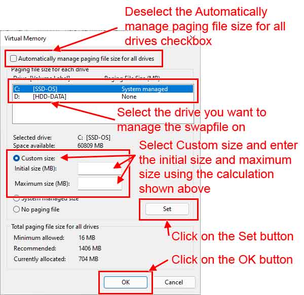 The Virtual Memory dialog box inside of Windows 11