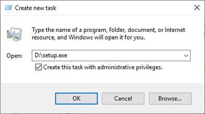 The Windows 10 Create new task dialog box with file path