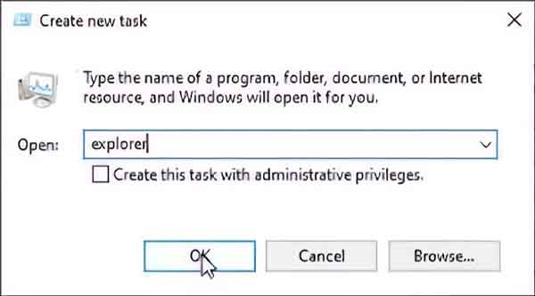 The Windows 10 Task Manager Create new task dialog box