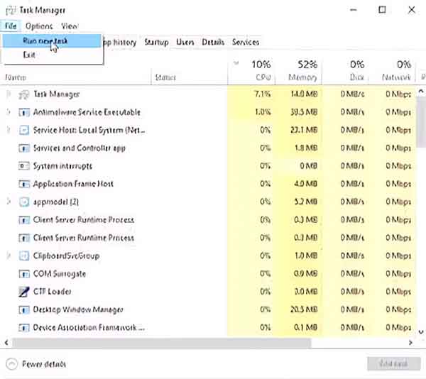 The Windows 10 Task Manager with running apps