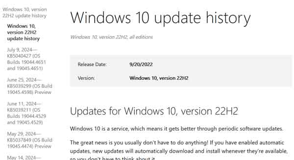 The Windows 10 update history page