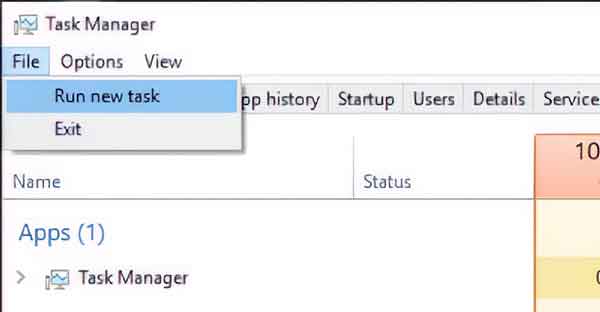 The advanced Windows 10 Task Manager screen with Run new task