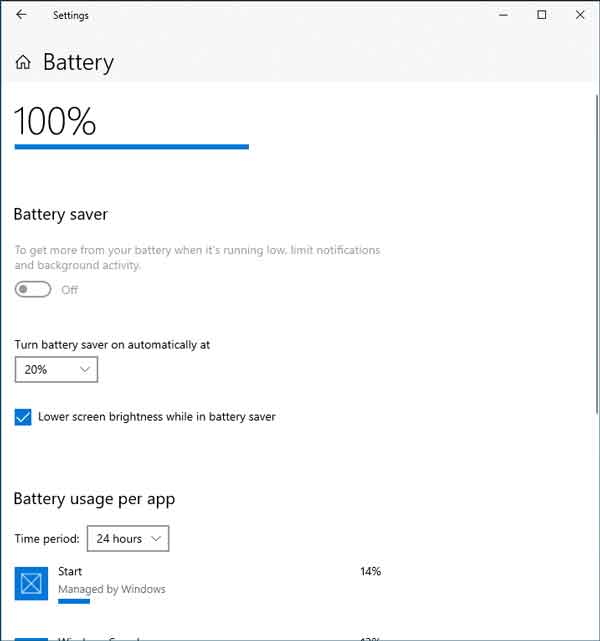 The battery information inside of the Settings app
