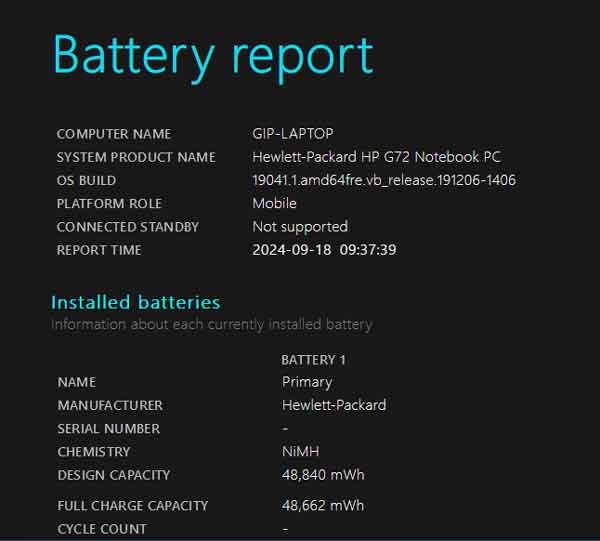 The battery information inside of the battery report