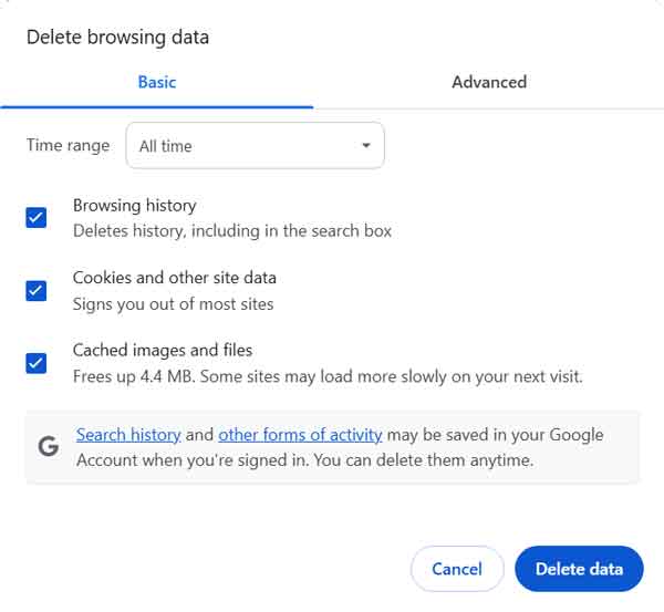 The clear browsing data windows inside of Google Chrome