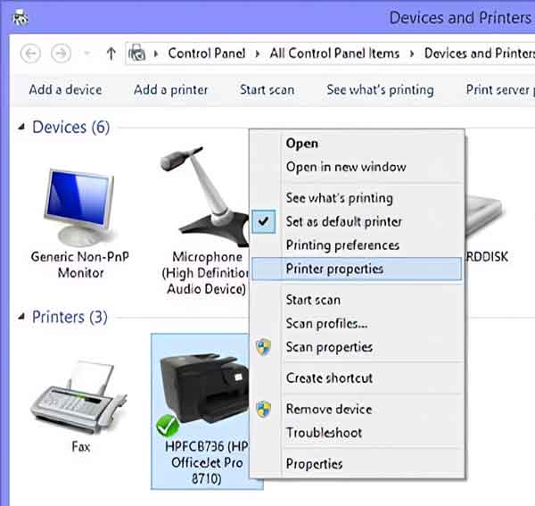 The context menu for a printer in the Control Panel inside of Windows 10