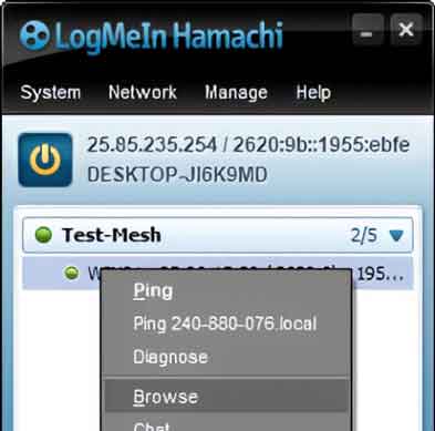 The context menu for a remote computer connection with the browse option highlighted in Hamachi