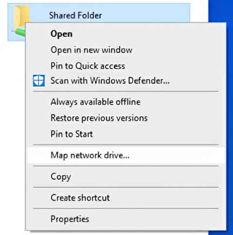 The context menu for a shared folder with Map network drive highlighted in Windows 10