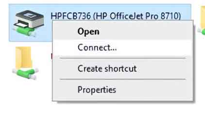 The context menu for a shared printer with Connect highlighted in Windows 10