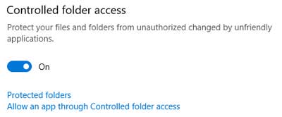 The controlled folder option inside of Windows Defender