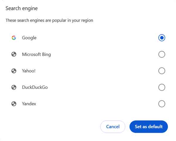 The default search engine setting inside of Google Chrome