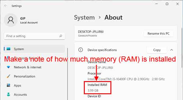 The device specifications inside of Windows 11