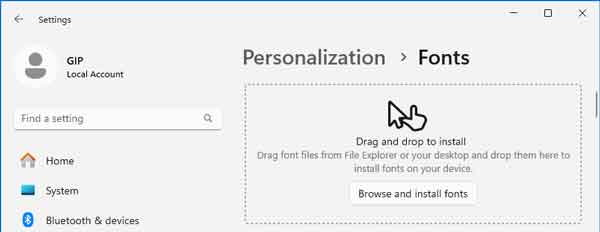 The drag and drop font install box inside of the Settings app