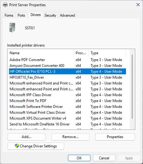 The drivers tab inside the Windows 11 printer server properties
