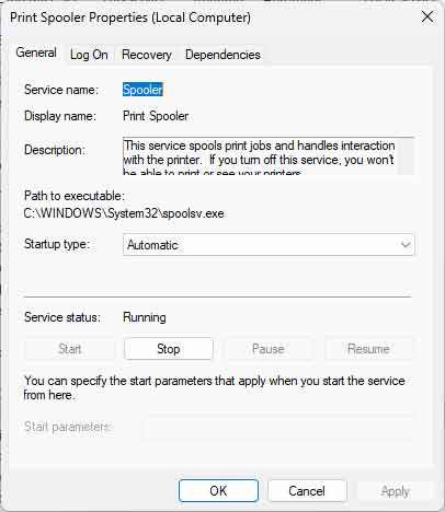 The general tab inside the Windows 11 print spooler properties