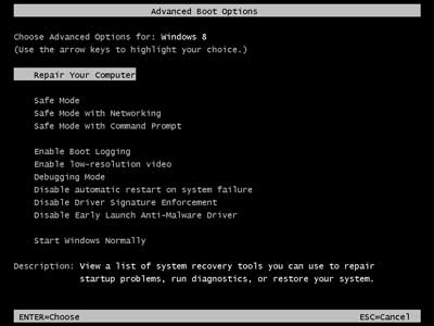 The legacy advanced boot options menu in Windows 8