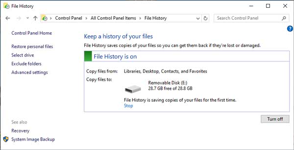 The main screen for File History