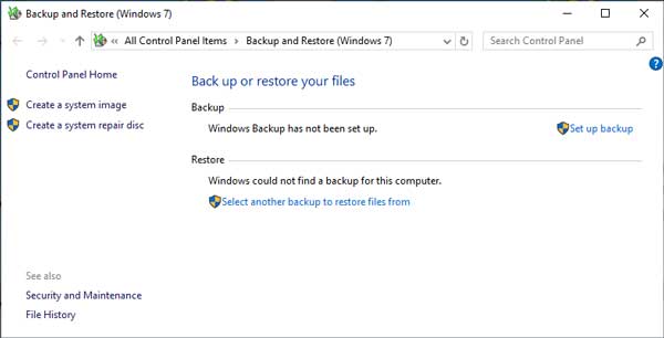 The main screen for Windows Backup