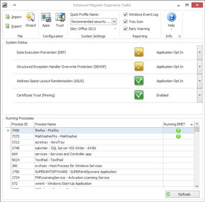 The main screen inside of EMET 5.1