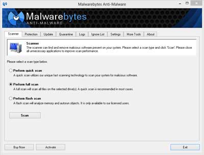 The main screen inside of Malwarebytes Anti-Malware