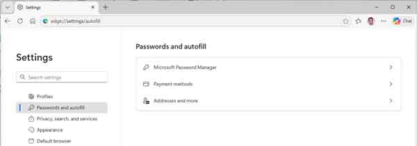 The passwords and autofill section of Microsoft Edge