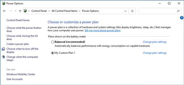 The power options inside of a laptop running Windows 10