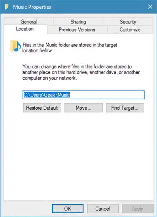 The properties dialog box for a user folder inside of Windows 10