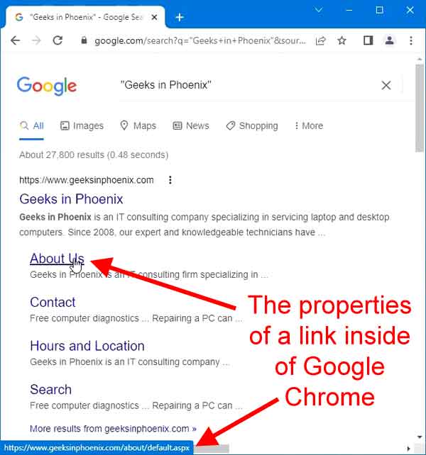 The properties of a link inside of Google Chrome