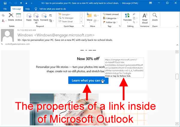 The properties of a link inside of Microsoft Outlook