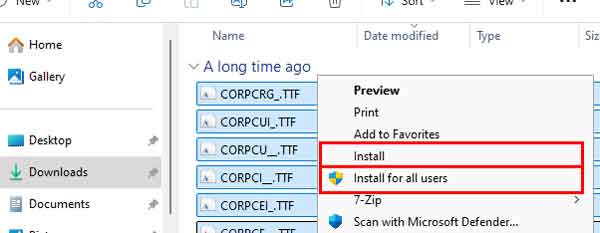 The right-click context menu for fonts in Windows
