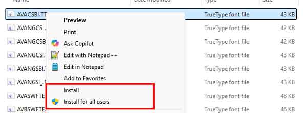 The right-click context menu on the font in Windows 11