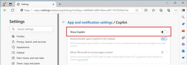 The setting for the displaying Copilot inside of Microsoft Edge