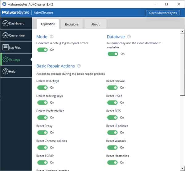 The settings screen inside of AdwCleaner