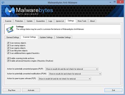 The settings screen inside of Malwarebytes Anti-Malware