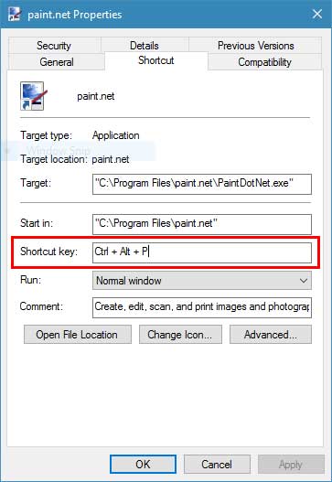 The shortcut key field inside of the properties a shortcut