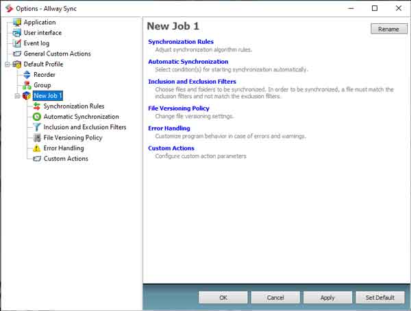The sync job options menu inside of Allway Sync