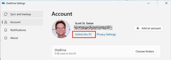 Unlink this PC in OneDrive settings