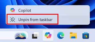 Unpinning the Copilot Taskbar shortcut