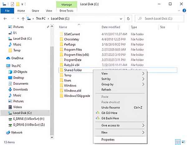 View of context menu for shared folder inside of File Explorer