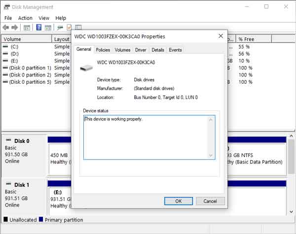 View of hard drive properties inside of Disk Management