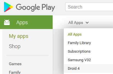 View of installed Android apps listed by device on Google Play